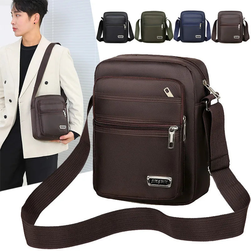 Brown men's crossbody waterproof bag with six zippers, stylish and practical for outdoor use by Corporación Turística.