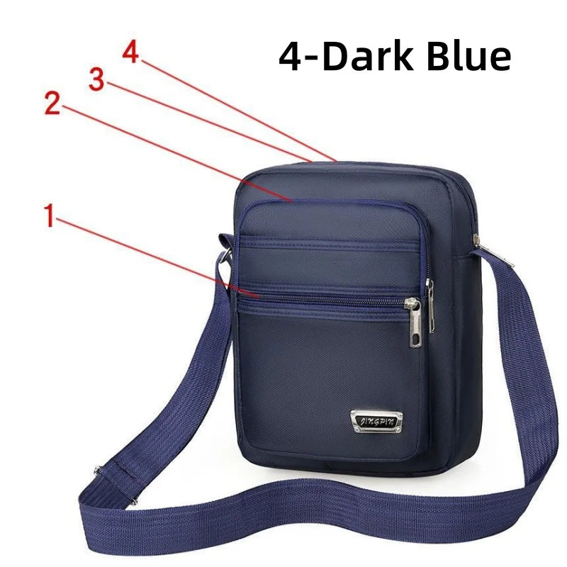 Brown waterproof crossbody bag for men with six zipper compartments, featuring durable design by Corporación Turística.