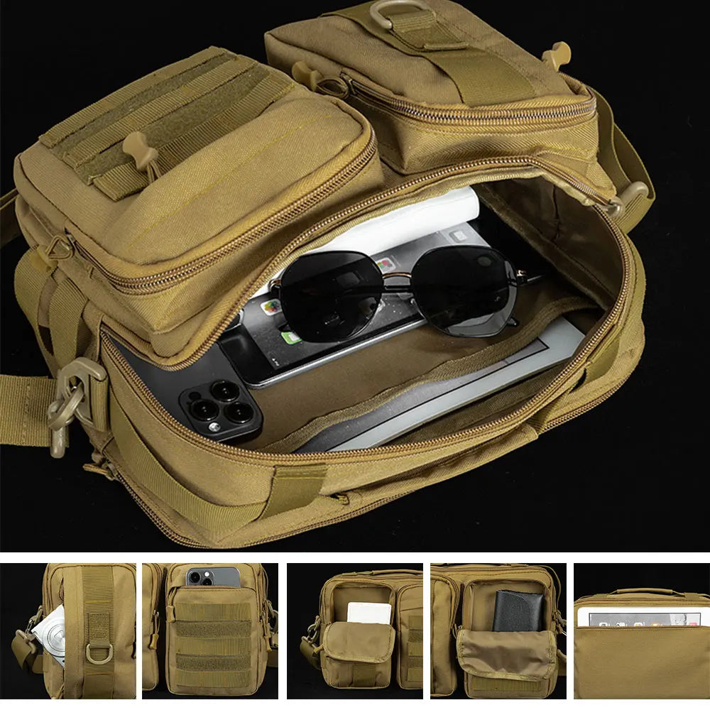 Brown tactical crossbody hiking bag with adjustable shoulder strap, compact design, ideal for outdoor adventures.