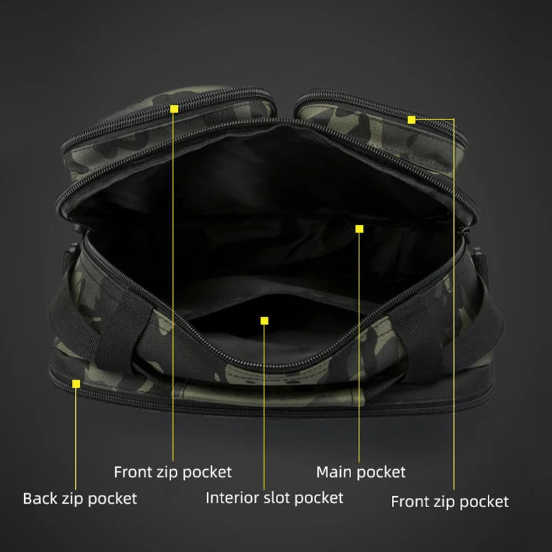 Brown tactical crossbody hiking bag by Corporación Turística, with adjustable shoulder strap and multiple compartments.