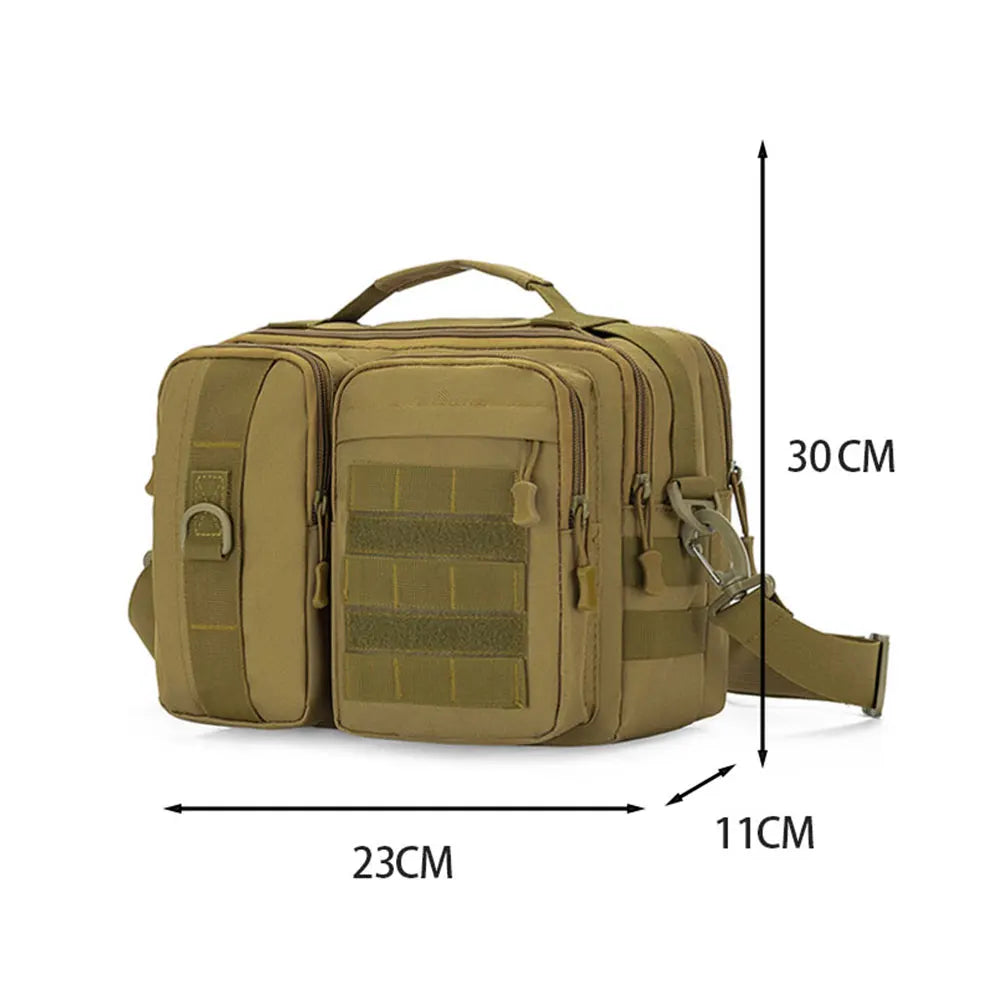 Brown tactical crossbody hiking bag from Corporación Turística with adjustable shoulder strap and multiple compartments for outdoor use.