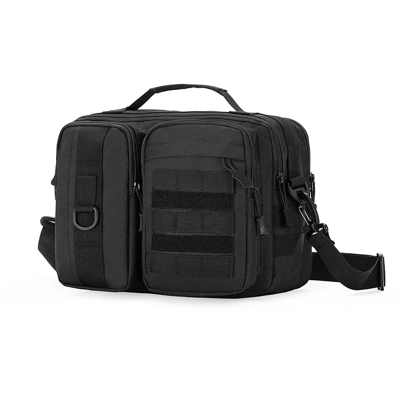 Brown tactical crossbody hiking bag with adjustable shoulder strap, ideal for outdoor adventures and travel.
