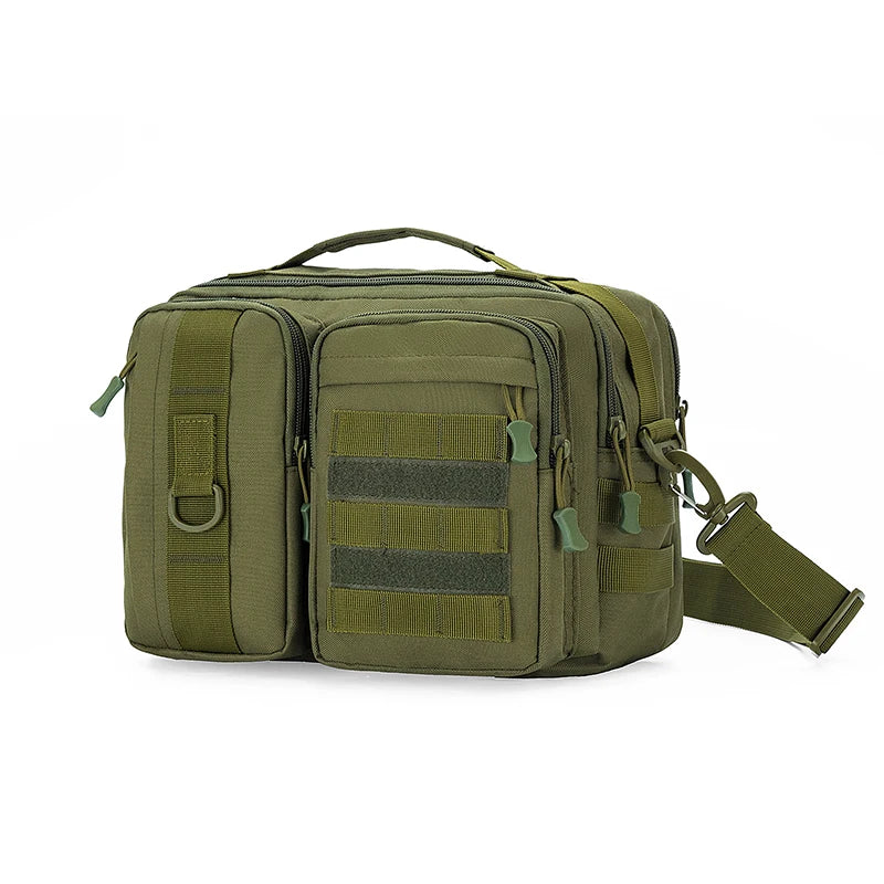 Brown tactical crossbody hiking bag with adjustable shoulder strap and multiple compartments for outdoor adventures.