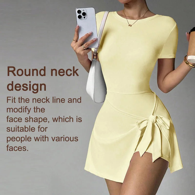 Brown women's tennis dress by Corporación Turística, two-piece design with open back and sporty style.