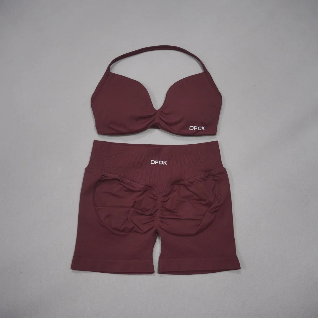 Brown women's 2-piece sports set with bra and leggings from DFDK, featuring comfortable athletic design for active wear.