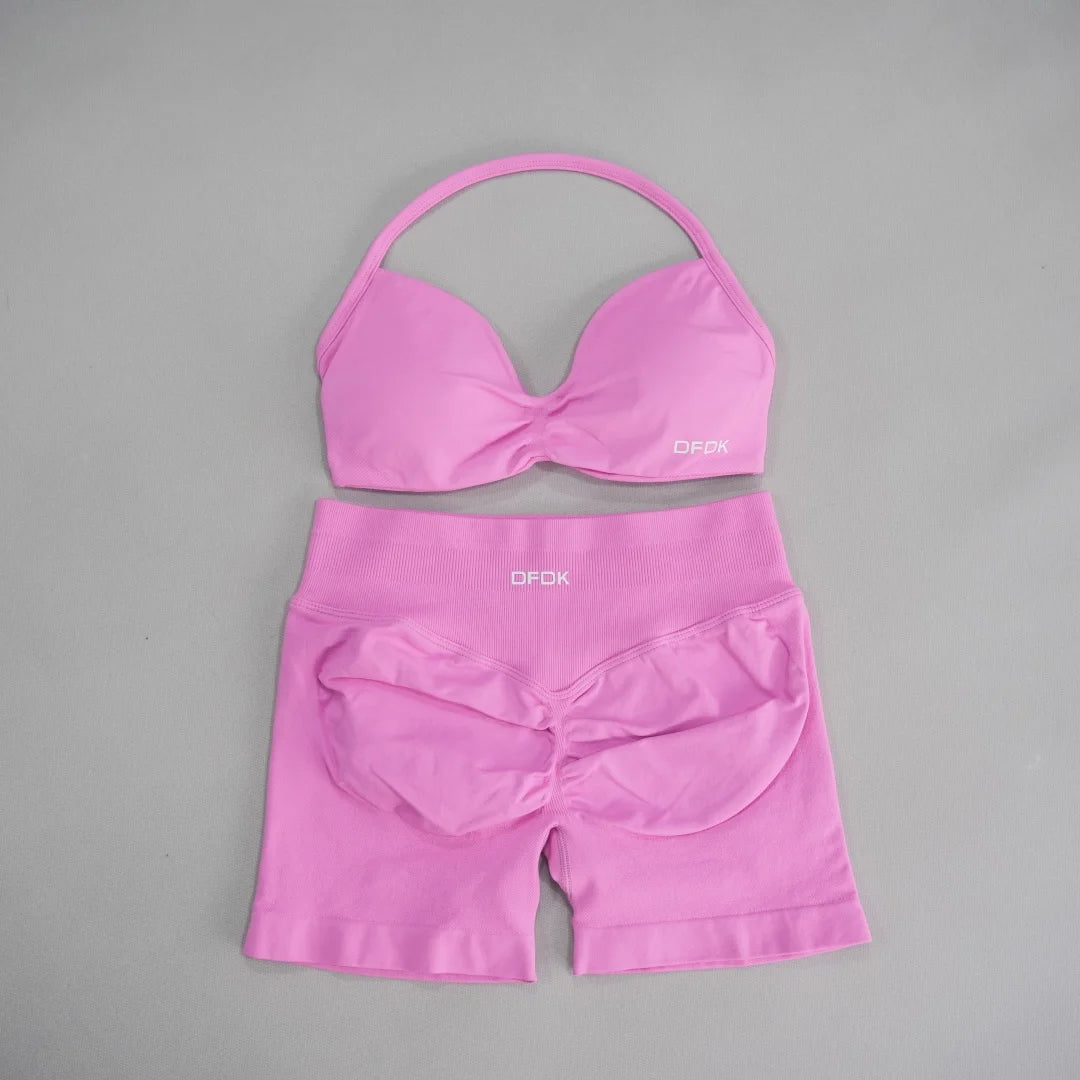 Brown women's 2-piece sports set from DFDK, includes a sports bra and matching leggings for activewear.
