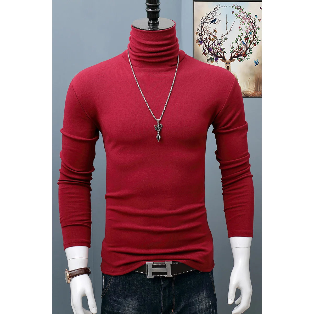 Burgundy classic turtleneck sweatshirt for autumn and winter, worn by a person, by Corporación Turística, lightweight and cozy.