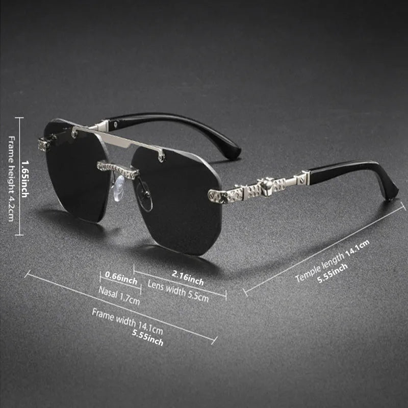 Unisex UV40 sunglasses with a rimless design for men and women, featuring sleek modern frames and clear lens visibility.