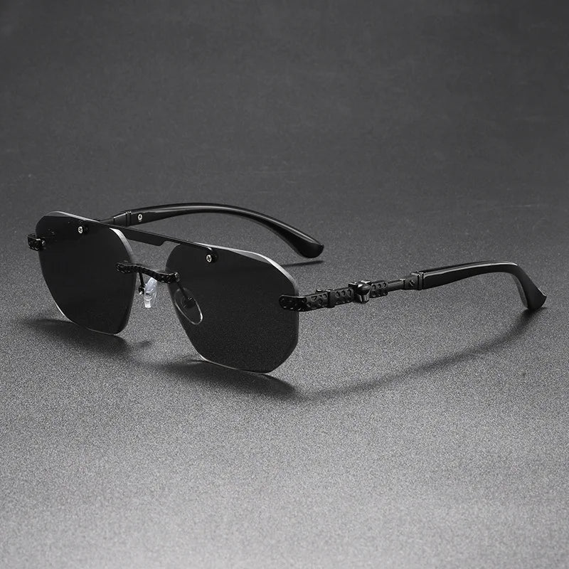 Unisex rimless UV40 sunglasses for men and women with sleek design, featuring clear lenses and lightweight construction.