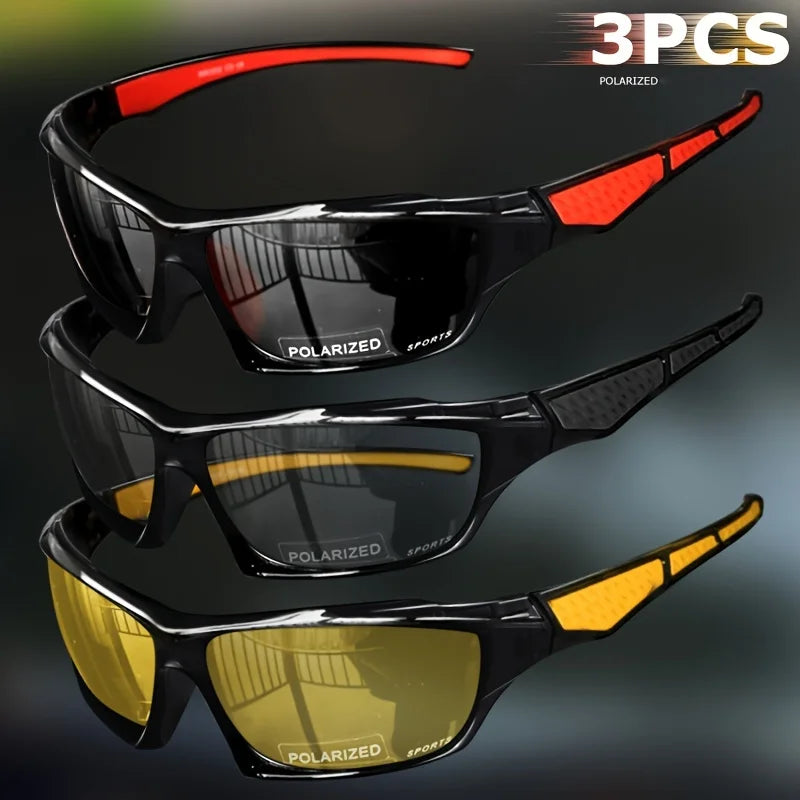 Set of three polarized sports sunglasses for men by Corporación Turística, with sporty black frames and tinted lenses.