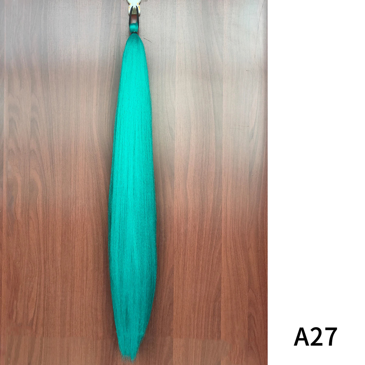 Purple synthetic ponytail extension with band, 26-28 inches long, designed for easy attachment and natural look.