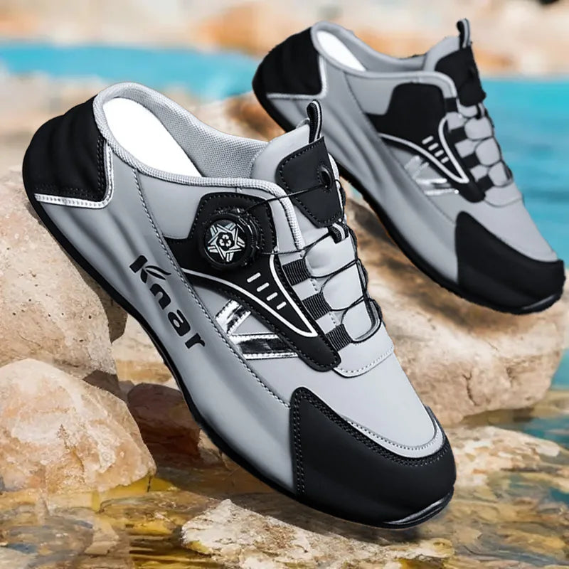 Casual men's sports shoes by Corporación Turística, lightweight, breathable, in Bialan style, shown in black with white soles.
