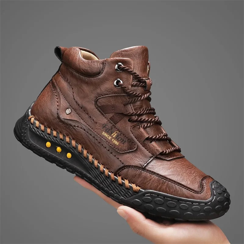 Hand-stitched men's casual fashion boots in camel leather by Corporación Turística, featuring a stylish and comfortable design.