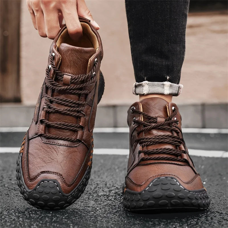 Men's handmade fashion boots in camel leather, casual style, by Corporación Turística, showing detailed stitching and classic design.