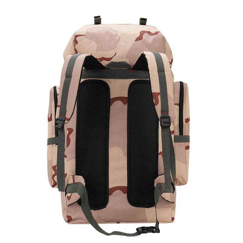 Large tactical camping and climbing backpack by Corporación Turística, rugged camo design with multiple compartments for outdoor adventures.