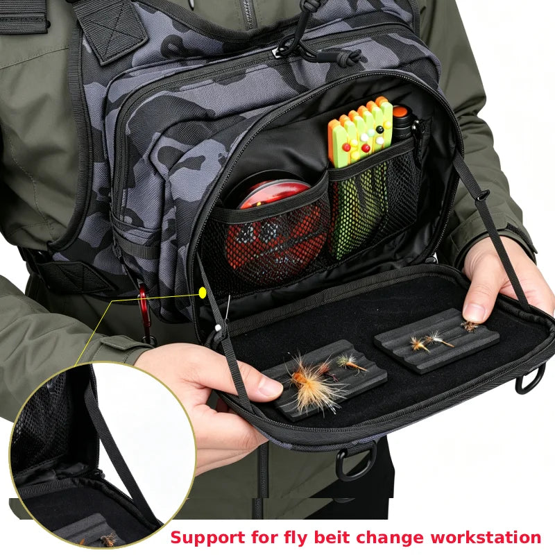 Camo tactical sports vest for cycling, hiking, and outdoor activities by Corporación Turística, featuring multiple pockets and adjustable fit.