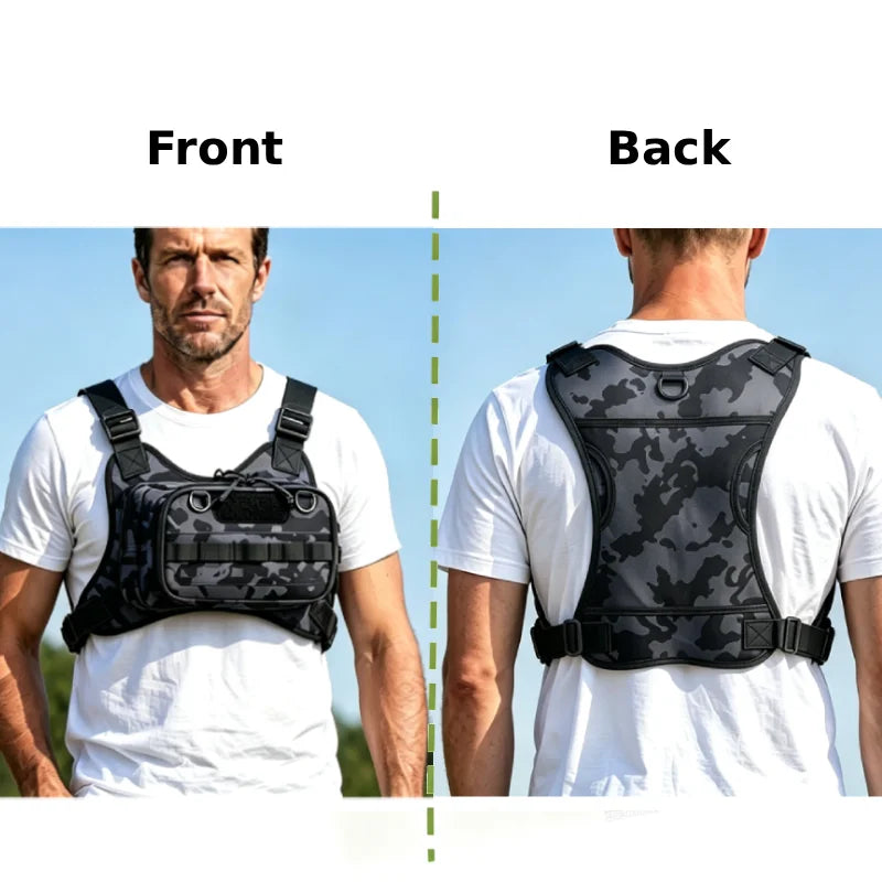 Camo tactical sports vest for cycling, hiking, and outdoor activities by Corporación Turística, featuring multiple pockets and adjustable fit.