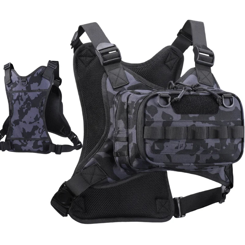 Camo tactical sports vest for cycling, hiking, and outdoor activities by Corporación Turística, featuring multiple pockets and adjustable straps.