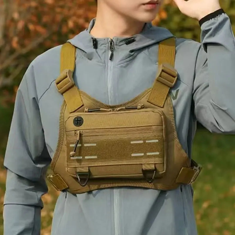 Men's outdoor chest bag by Corporación Turística, casual front pouch in khaki for outdoor activities.