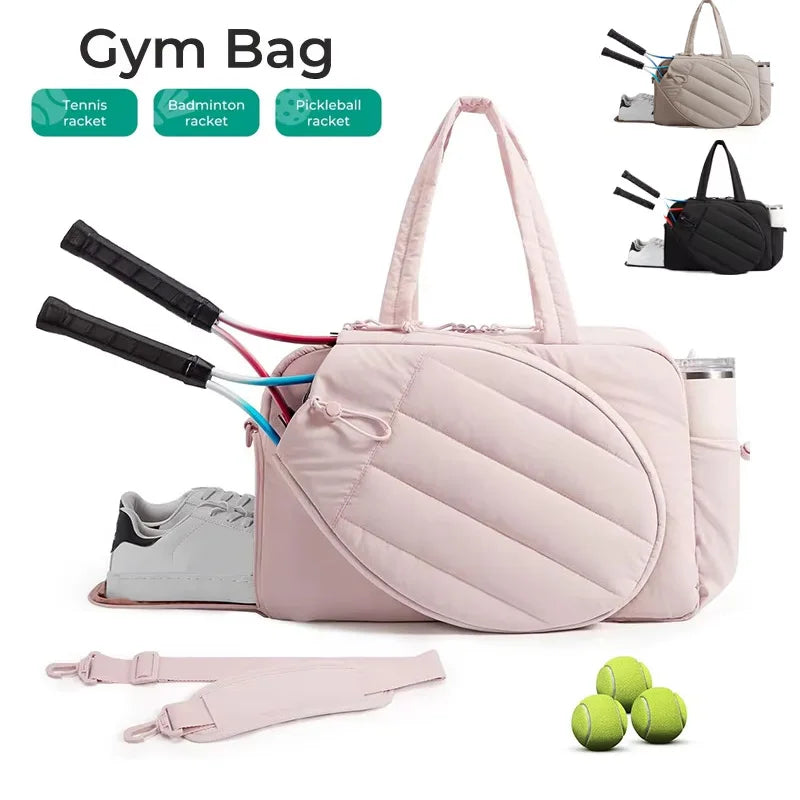 Corporalión Turística tennis racket and gym bag in caqui color, with multiple compartments and adjustable shoulder strap.