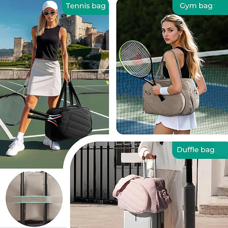 Corporaación Turística tennis racket and gym bag in caqui color, with multiple compartments for sports gear and accessories.