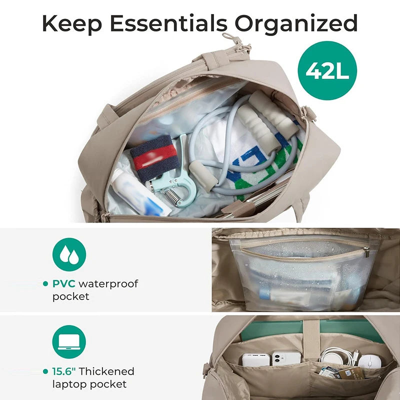 Corporación Turística tennis racket and gym bag in beige with multiple compartments, designed for women.