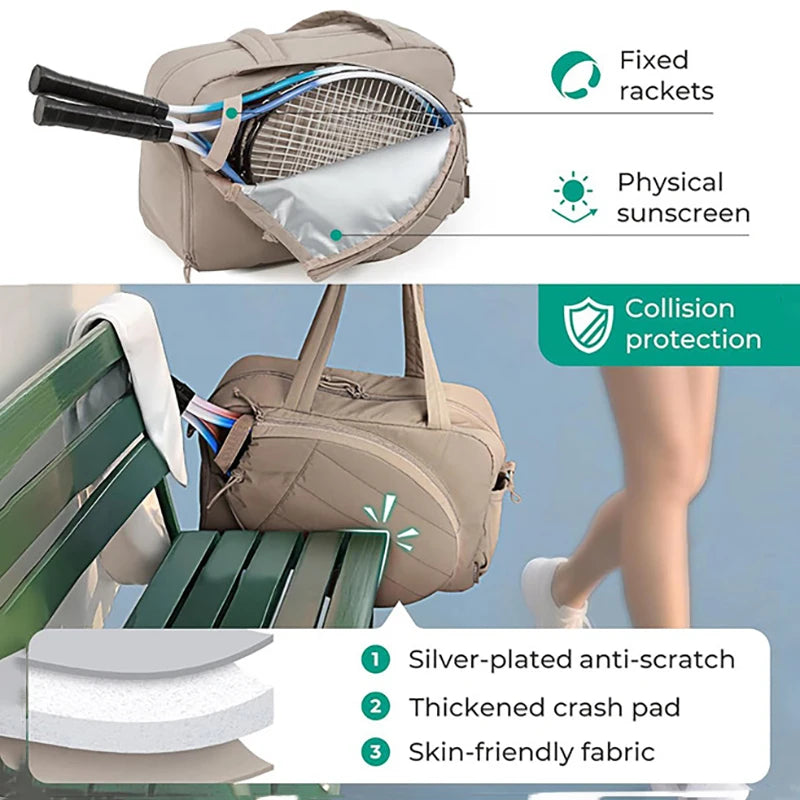 Caqui tennis racket and gym bag by Corporación Turística, with multiple compartments and shoulder strap, designed for women.