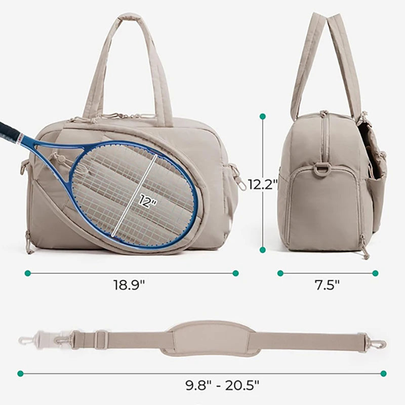 Caqui tennis racquet bag and gym bag for women by Corporación Turística, showing the spacious, stylish design with multiple compartments.