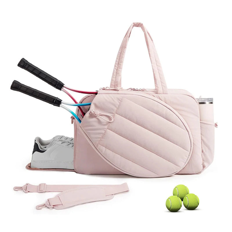 Caqui tennis racket and gym bag from Corporación Turística showing multiple compartments and adjustable straps for women.