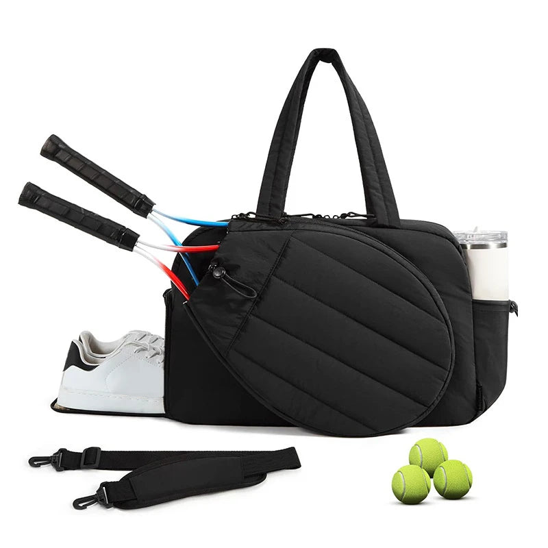 Caqui tennis racket bag and gym bag for women by Corporación Turística, showing multiple compartments and adjustable straps.