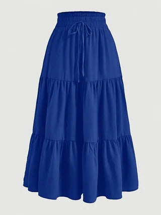 Khaki medium-length elastic high-waist skirt by Corporación Turística, shown on a model.