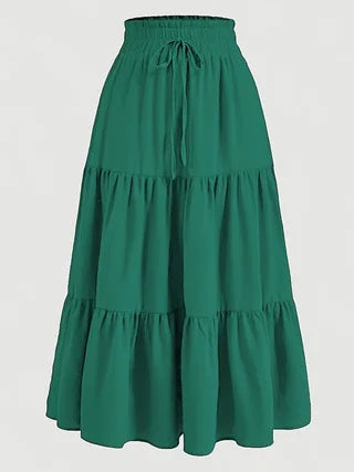 Khaki high-waisted elastic midi skirt by Corporación Turística, medium length, form-fitting and stylish for casual wear.