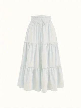 Corporaçao Turística caqui high-waist elastic midi skirt, medium length, comfortable and stylish for casual or office wear.