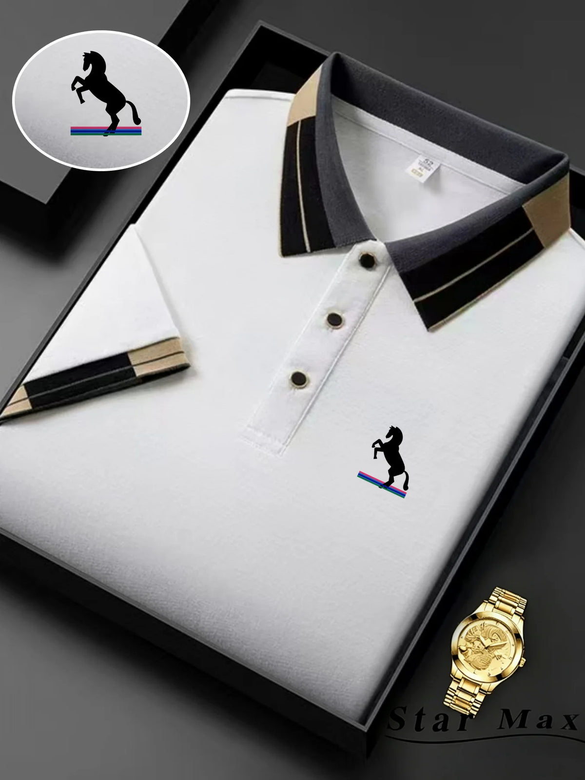 Luxury men's short sleeve polo shirt with horse embroidery, Milan style, casual summer tee, branded men's business casual clothing.