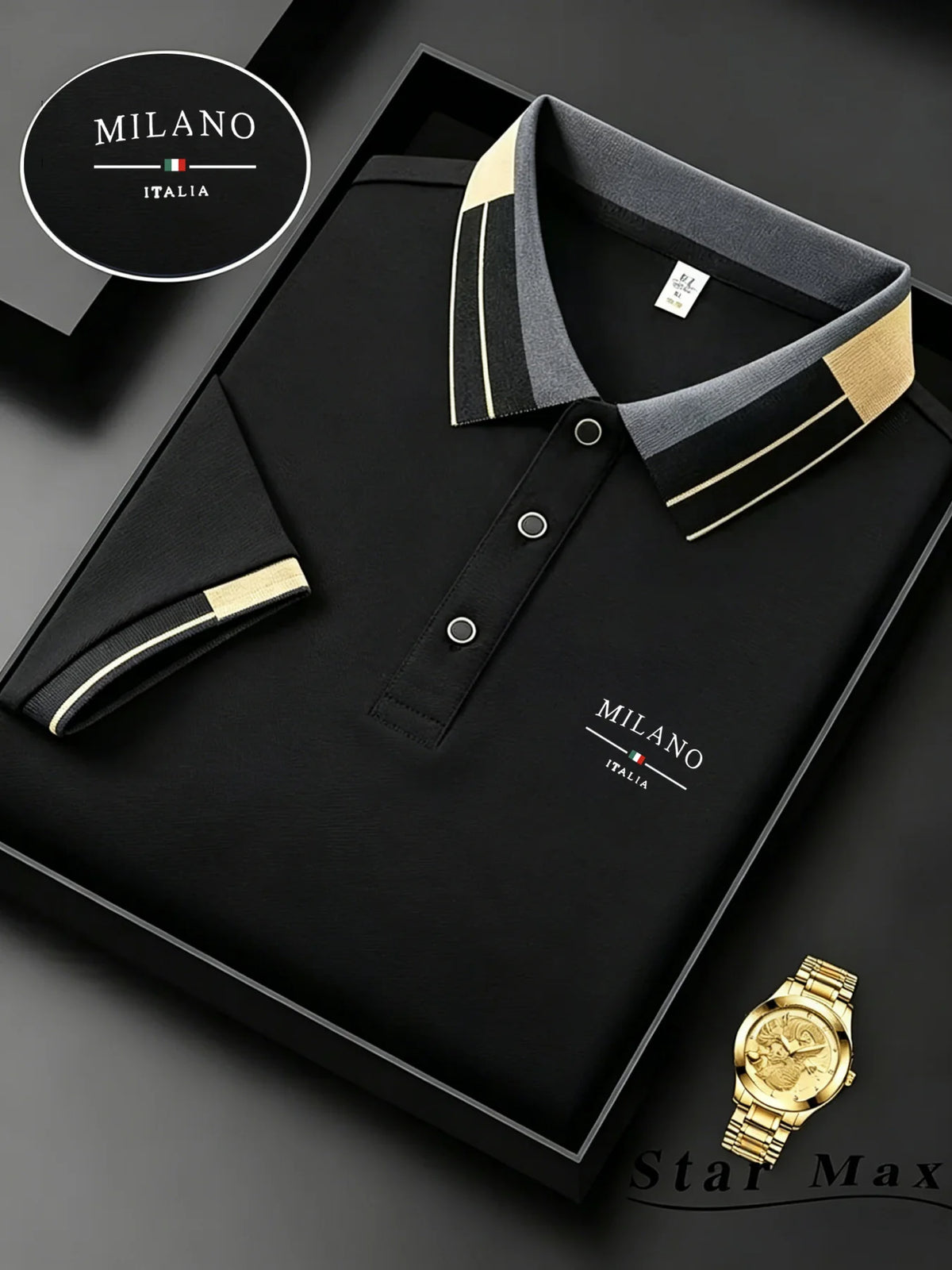 Luxury men's short sleeve polo shirt with embroidered horse, Milan style, casual summer wear, branded business casual clothing.