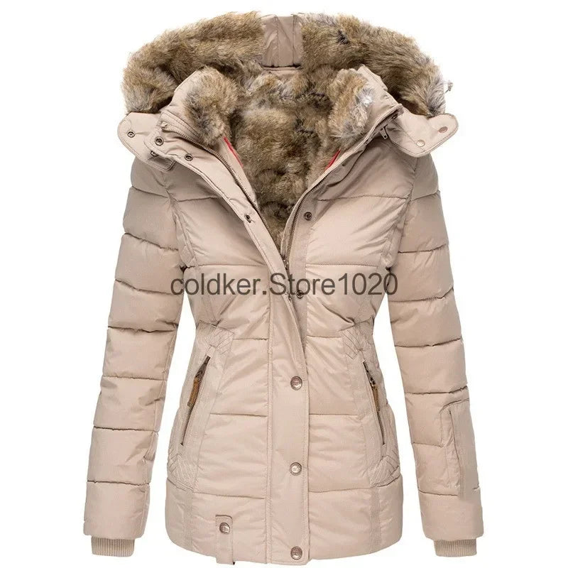 Light beige women's quilted cotton jacket from Corporación Turística, featuring a cozy, padded design and a stylish winter look.