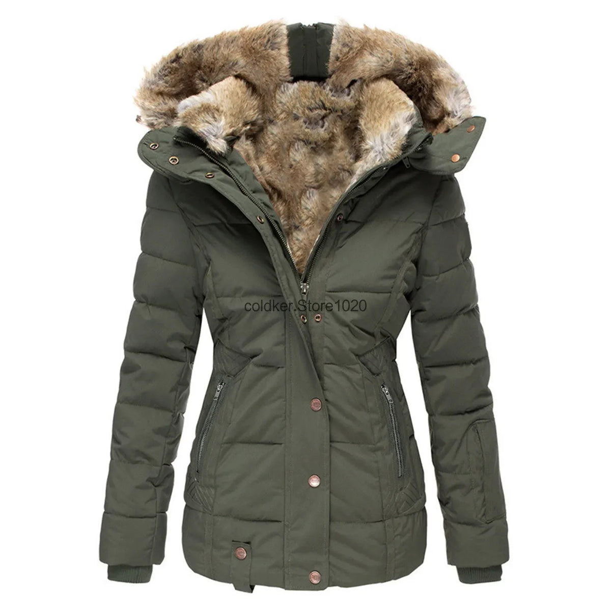 Women's quilted cotton jacket by Corporación Turística, in champagne color, with a warm, padded design and stylish fit.