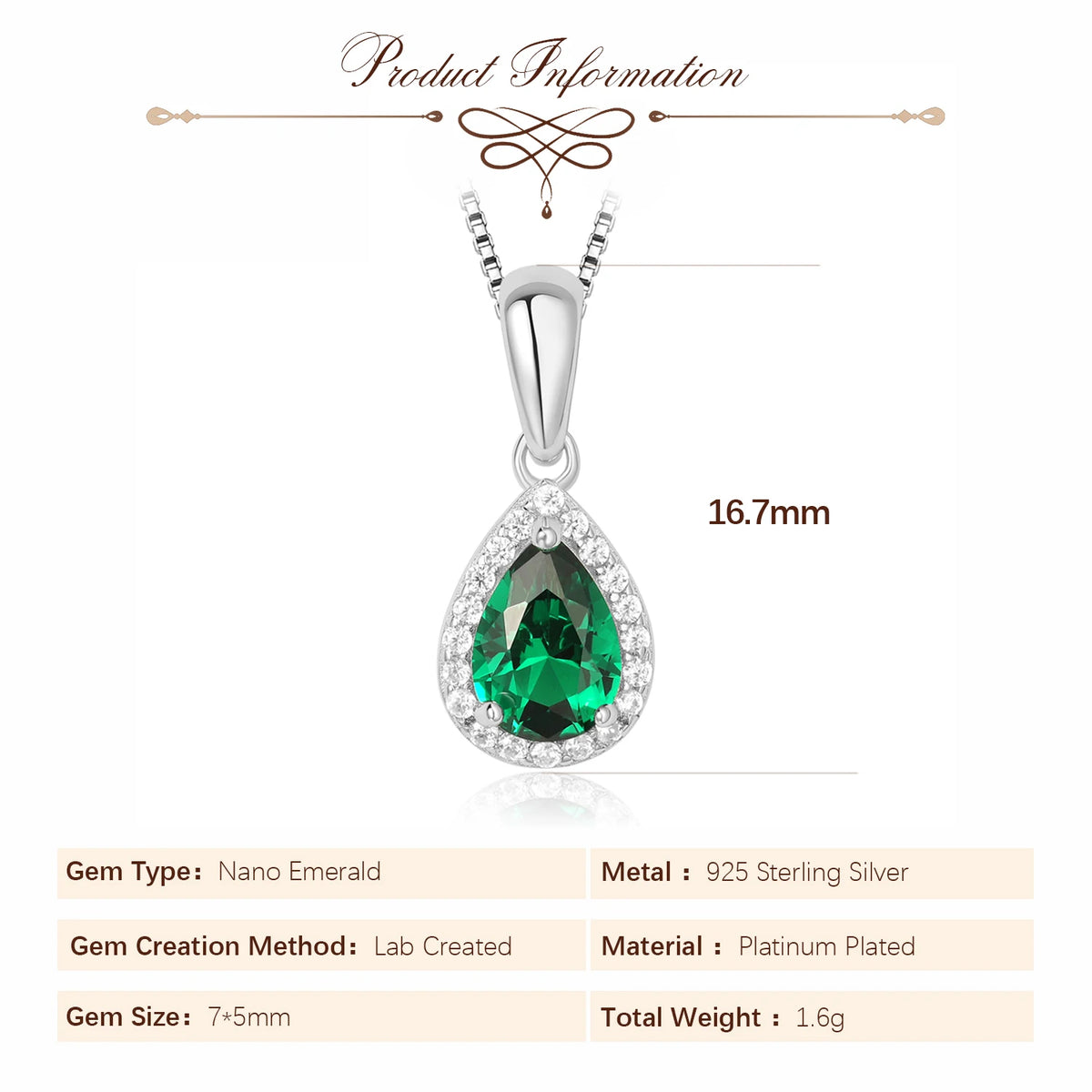 Sterling silver collar with emerald pendant from Corporación Turística, featuring a polished chain and detailed gemstone setting.