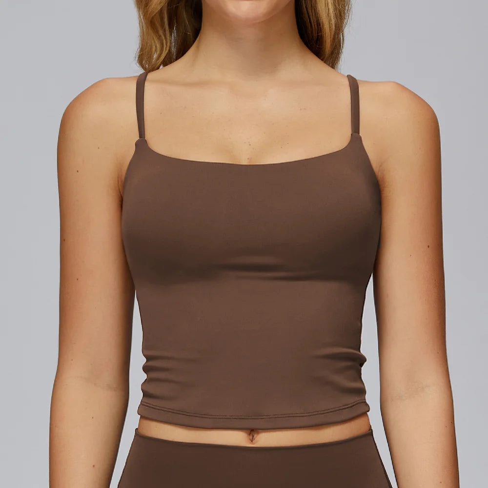 Chocolate brown women's yoga sports top by Corporación Turística, breathable and suitable for gym workouts.