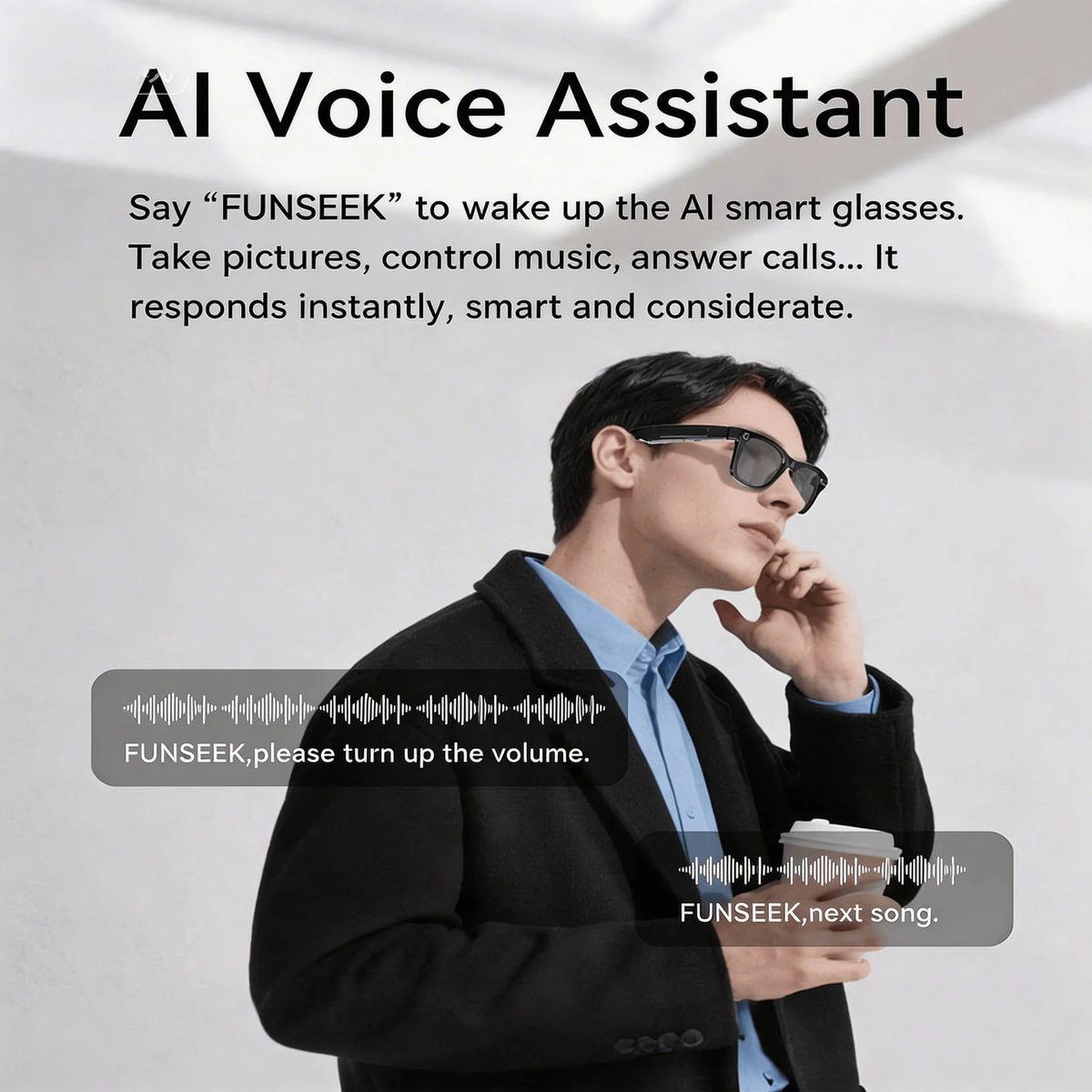 Clear lens smart glasses with 4K camera and AI features, designed for hands-free recording and intelligent functions.