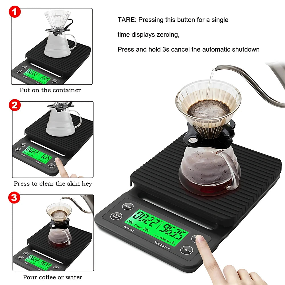 Digital kitchen scale by Corporación Turística, 3kg capacity, 0.1g precision, with timer, suitable for coffee and home use.
