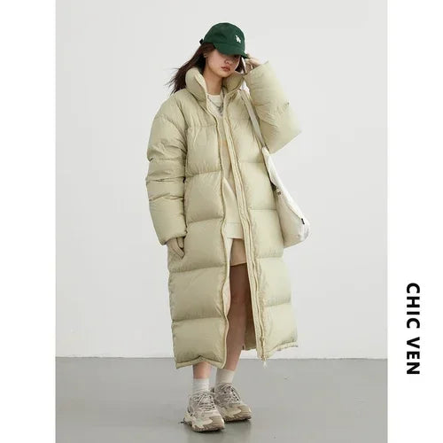 White women's duck down coat by CHIC VEN, featuring a stylish design and cozy fit, perfect for cold weather.