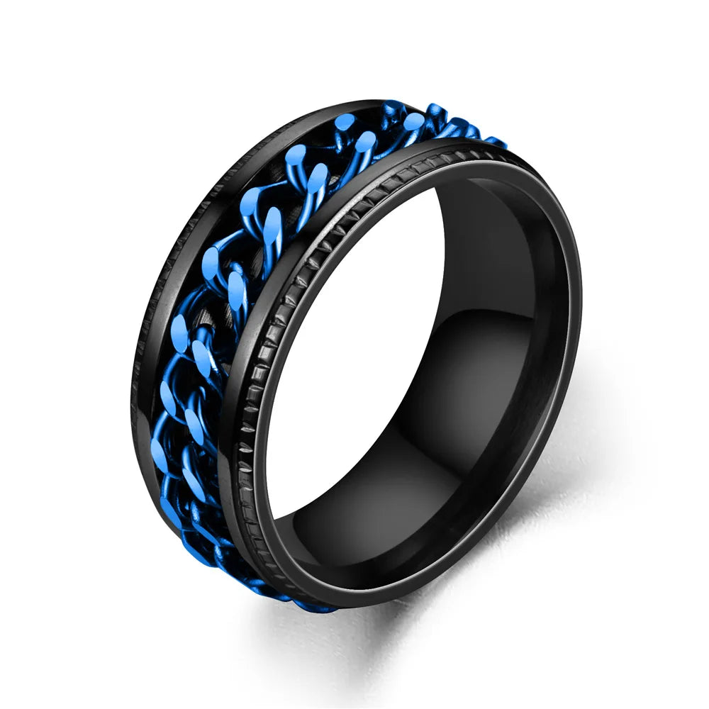 Titanio steel spinning chain rings for women, featuring sleek design and vibrant colors, perfect for stylish jewelry accessories.