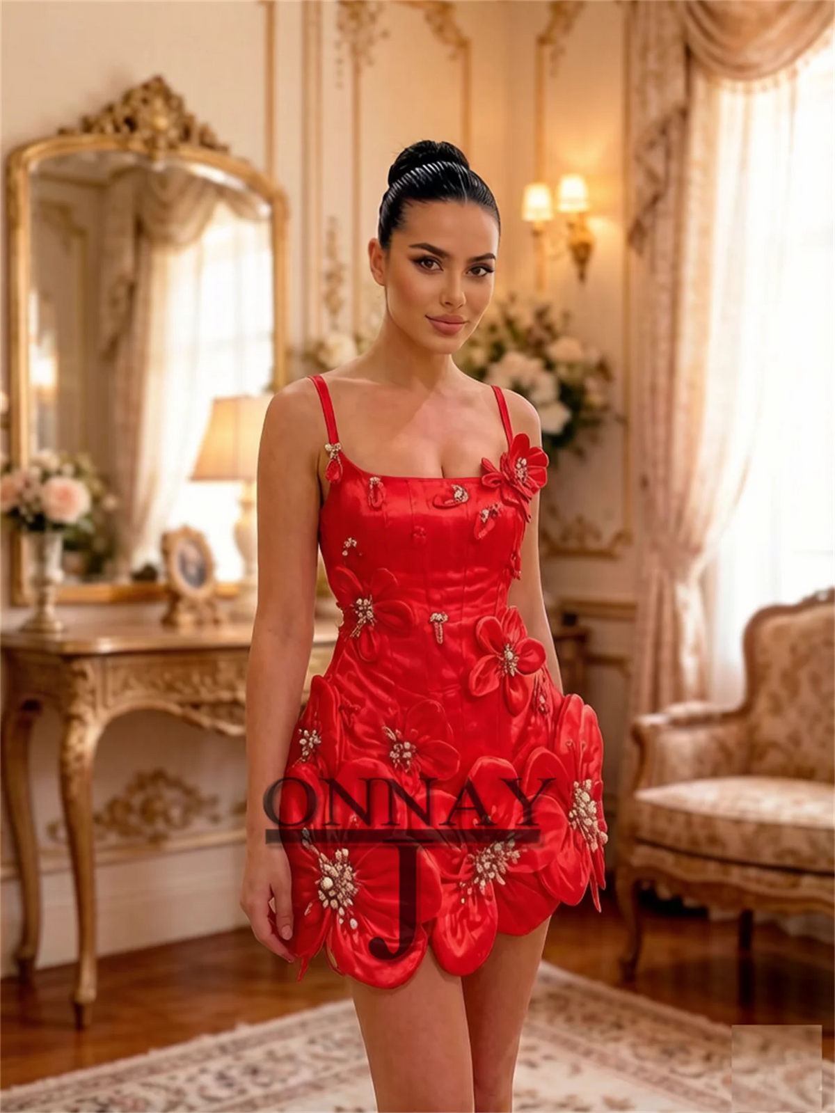 Customized fiesta mini dresses by Corporación Turística featuring vibrant colors and fitted design for special occasions.