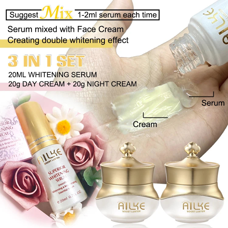 Crema facial AILKE antiarrugas y blanqueadora con colágeno, para uso día y noche, en frasco blanco de Corporación Turística.
