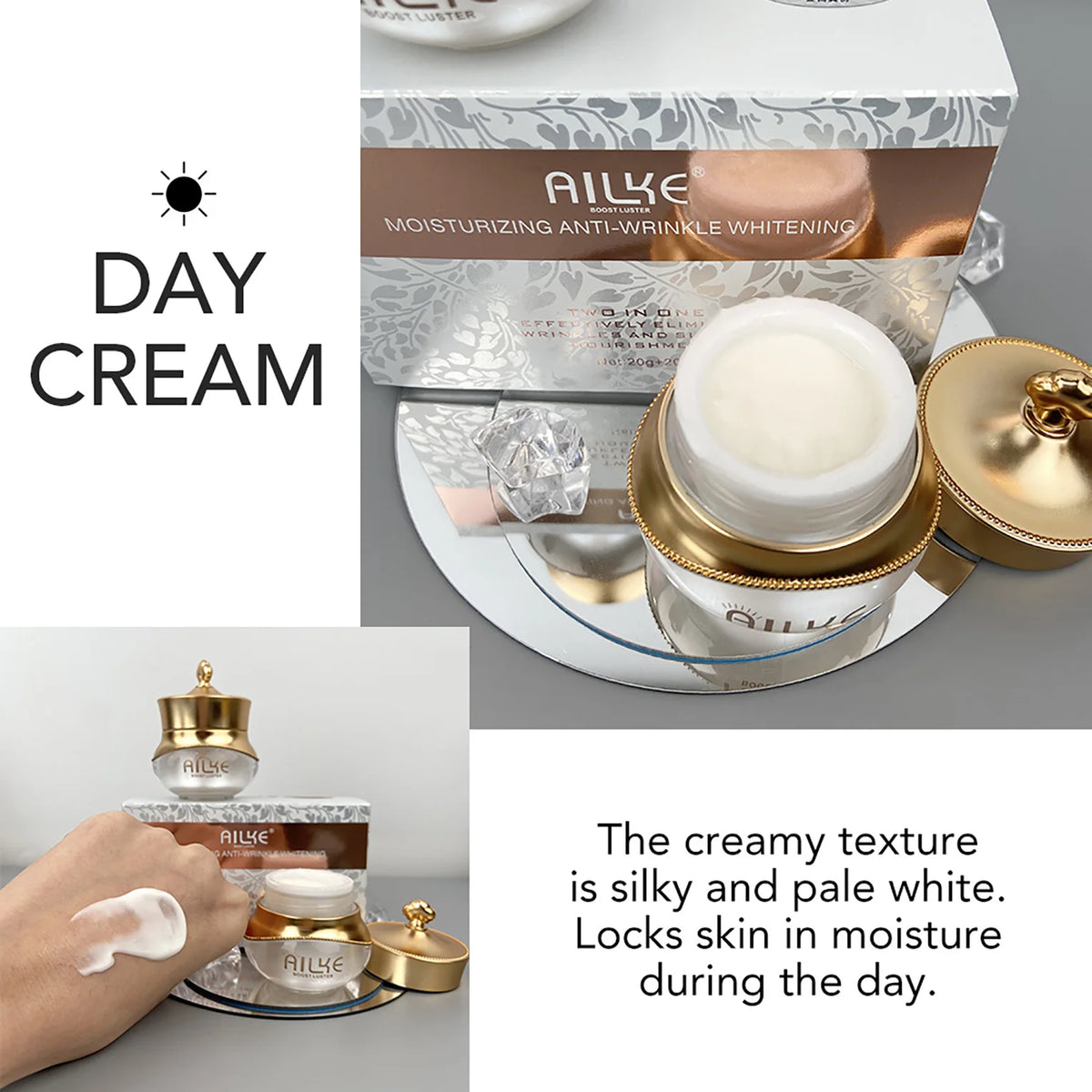 Crema facial AILKE antiarrugas y blanqueadora con colágeno de Corporación Turística, en frasco con crema blanca y tapa dorada.