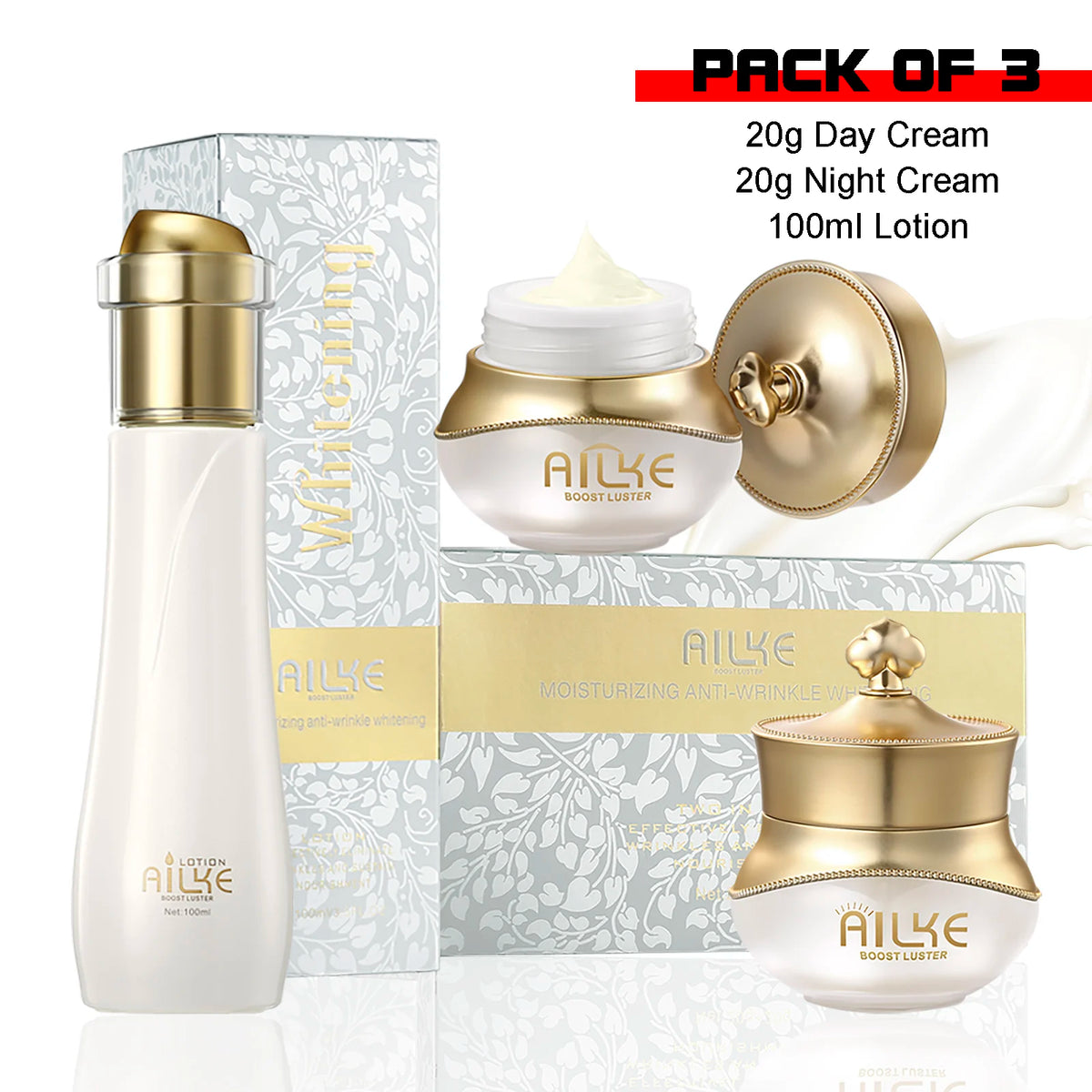 Cream jar labeled Crema Facial AILKE Antiarrugas y Blanqueadora with collagen from Corporación Turística, showing the product and packaging.