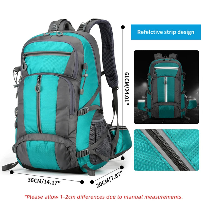Nylon 50L camping backpack from Corporación Turística with multiple compartments and padded shoulder straps.