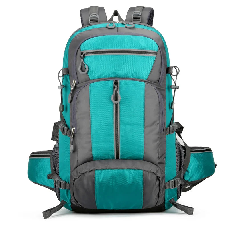 Nylon 50L camping backpack for outdoor sports by Corporación Turística, shown with adjustable straps and multiple compartments.