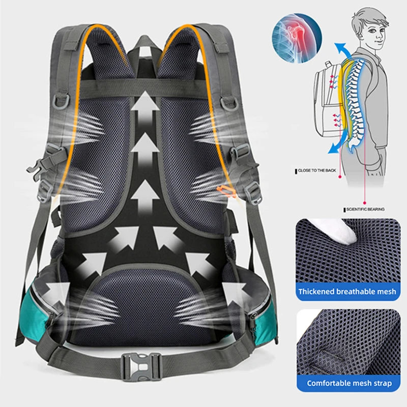 Nylon 50L camping backpack by Corporación Turística with multiple compartments and padded straps for outdoor adventures.
